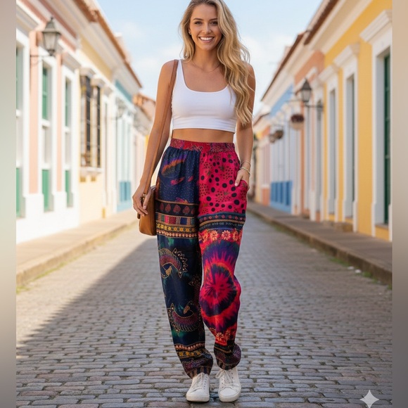 FARM Rio Pants - FARM Rio Multicolor Wide-Leg Patchwork Print Pants